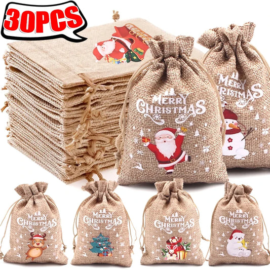 1/30PCS Christmas Linen Drawstring Bags Candy Biscuits Pouchs Burlap